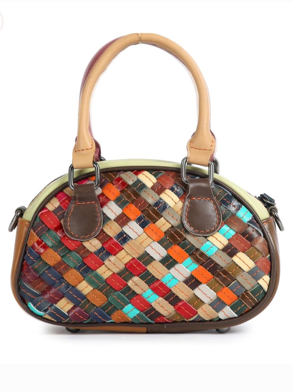 Multi-Color Woven Leather Handbag - Women's Top Handle Bag